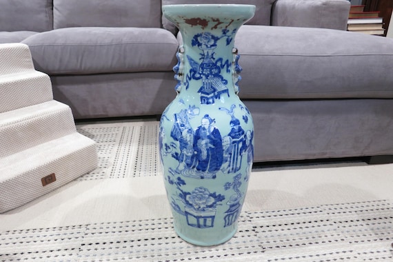 Qing Dynasty 24 1/4 Inch Celadon Vase Blue Gray Applied Foo Dog Handles