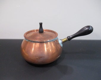 Vintage Copper Plated Fondue Pot with Lid and Wooden Handle
