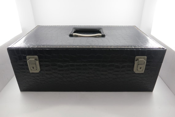 1970s Black Faux Leather 8 Track Cassette Case: 36 Capacity, Double Locks