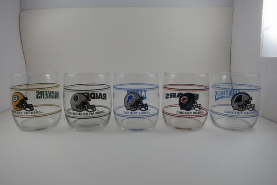 1990's NFL Mobil Gasoline Glasses Tumblers Set of 5 Raiders Lions Bears Packers Panthers