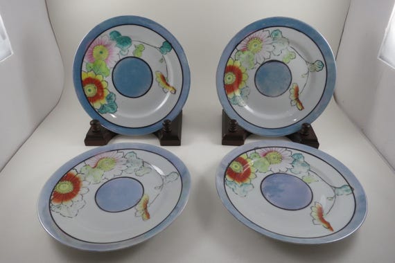 MCM Blue Japanese Lusterware Set of Four 7 1/8 Inch Salad Plates