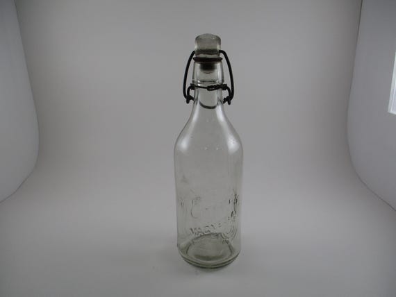 Vintage 9 Inch Tall Embossed Citrate of Magnesia Bottle Glass Top Bail Wire Excellent Condition