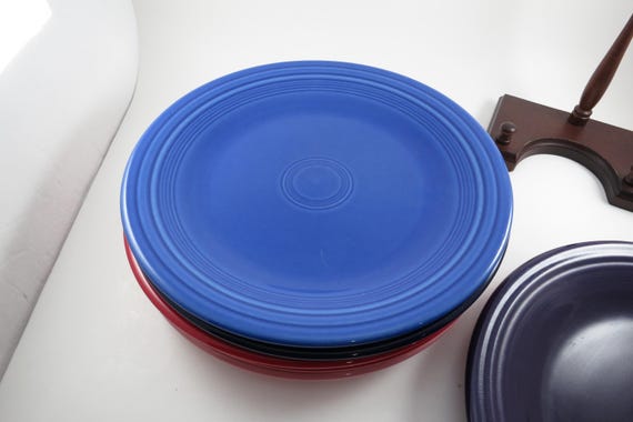 Set of Six Vintage Fiesta Ware 10 1/2 Inch Dinner Plates Blue Yellow Pink Red Purple