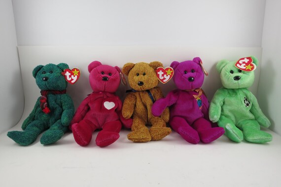 Collection of Five TY Beanie Babies Bears Kicks Millennium Fuzz Wallace Valentina MWMT
