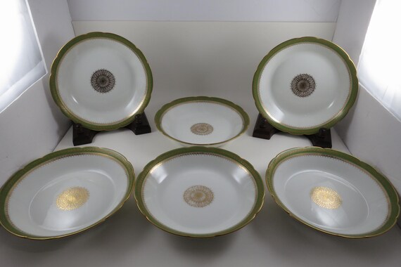 Set of Six Vintage Charles Field Haviland Limoges Soup Bowls – Green Gold Trim