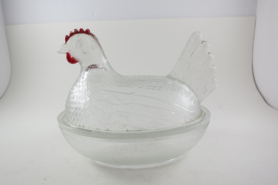 Vintage Clear Glass Hen on Nest 6 1/2 Inches Long