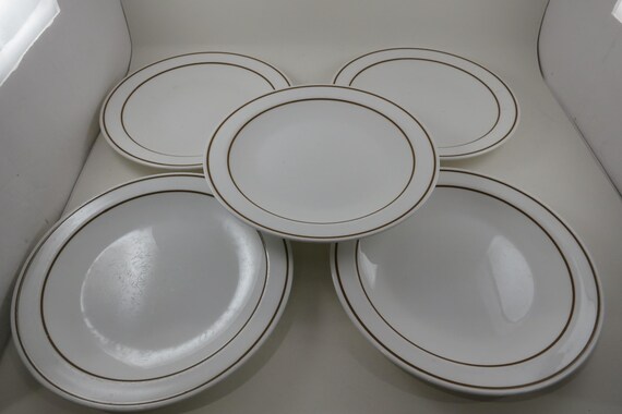 Set of Five Pyroceram Corning Corelle Gold Edge 9 Inch Luncheon Plates VGC