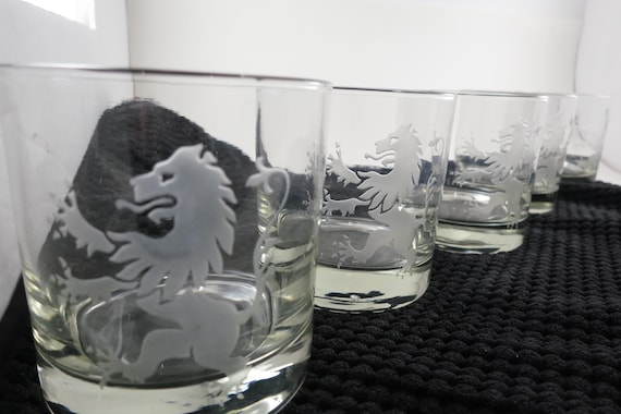 Set of Five Vintage Etched Glass Lion Tumblers Whiskey