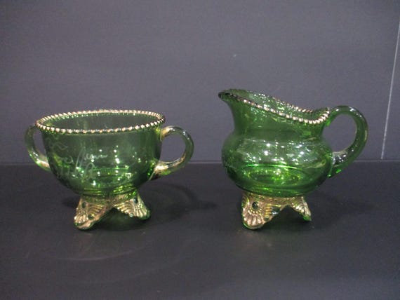Vintage Green Colorado Glass Eula Cream and Sugar Set Gift Set Gold Trim Dated 1907 Excellent Condition