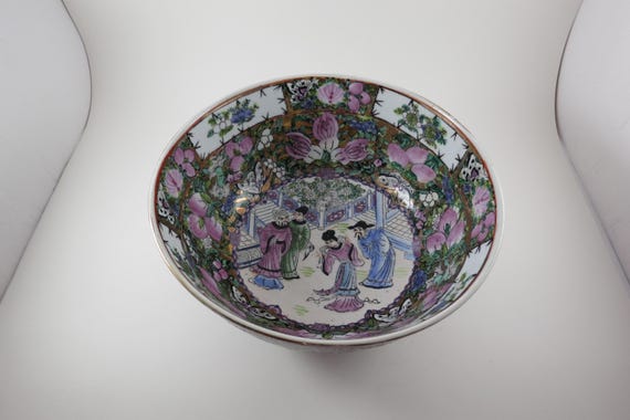 Vintage Hand-Painted Chinese Porcelain Bowl: Rose Design, 10 Inch