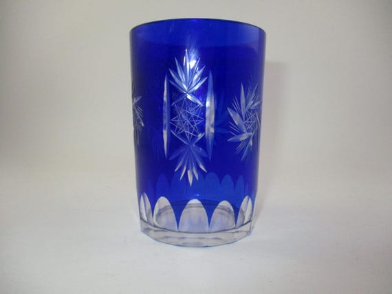Vintage Cobalt Blue Cut to Clear 4 Inch Crystal Tumbler Kiriko Beautiful Condition