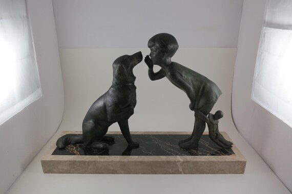 Large Bronze Art Deco Boy and Dog Statue Heavy Marble Base