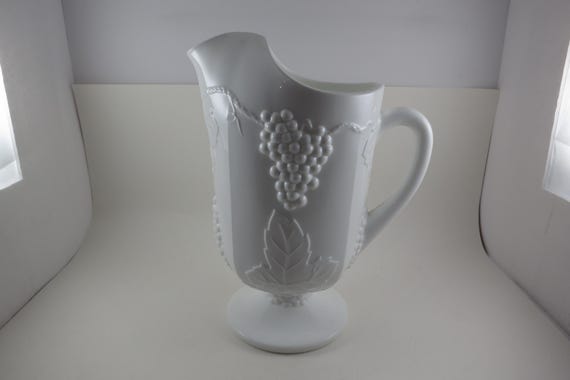 Large Vintage Indiana Heavy Milk Glass Grapes Pitcher 11 Inches Tall Excellent Original Condition