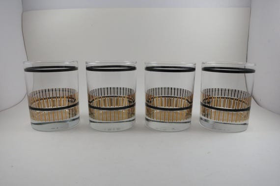 MCM Culver Devon Double Old Fashioned Glasses, 22K Gold Black Striping Set Four