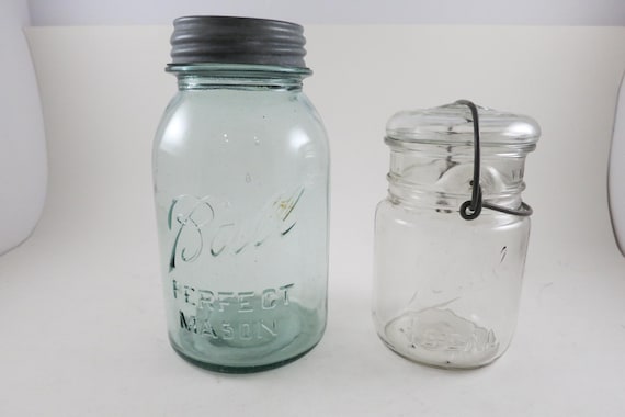 Vintage Ball Mason Jars, Aqua and Clear Glass, Zinc & Wire Lids
