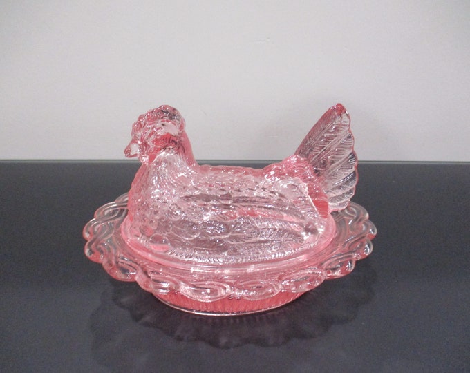 Vintage Pink Depression Glass Hen on Nest 6 1/2 Inches Excellent