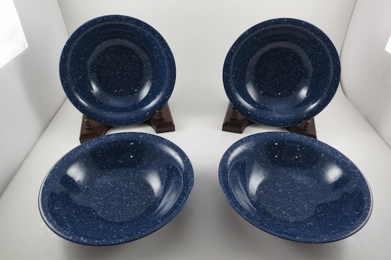 Set of Four Vintage Blue Speckled 6 3/4 Inch Soup Bowls