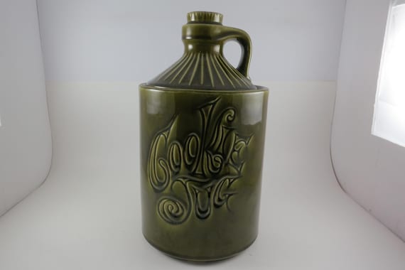 Vintage 1960s McCoy Cookie Jar Jug, Avocado Green Drip Glaze