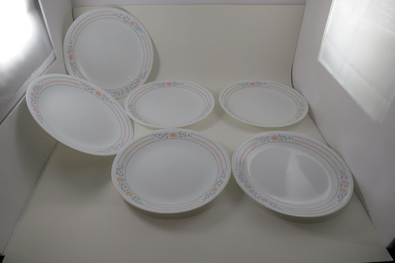 Six Vintage Corelle Peach Garland Pattern 8 1/2 Inch Salad Plates Excellent Used Condition
