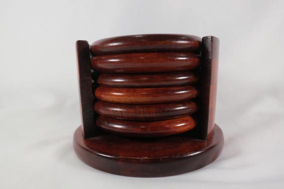 7 Pomegrant Teak Wooden Coaster Set with Holder