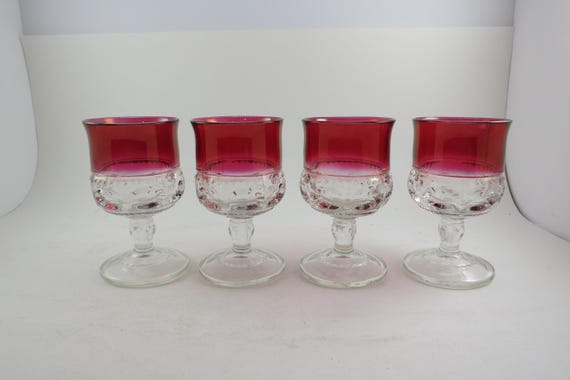 Set of Four Vintage Indiana Glass Co Cranberry Water Goblets Kings Crown 4 1/2 Inches Tall MCM Excellent Condition