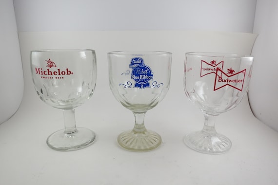 Vintage Beer Thumbprint Pedestal Glasses: Budweiser, Pabst, Michelob