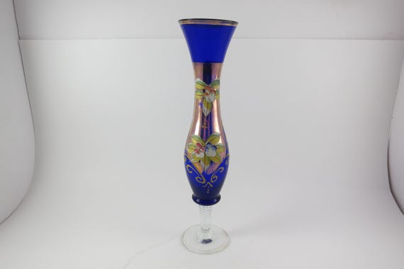 Norleans Japan Bohemian Style Cobalt Blue Bud Vase Hand Painted 10 Inches Tall