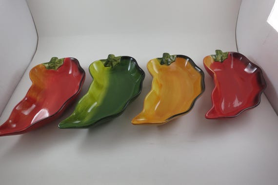 Vintage Clay Art Chili Pepper Shaped Salsa Dip Condiment Bowls Set of Four