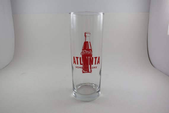 Vintage Atlanta Home of Coca Cola Tall Red Letter Drinking Glass 7 Inches Tall Like New Condition