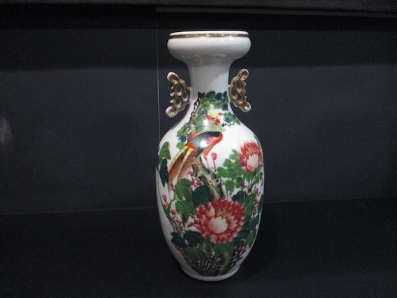 Vintage 11 Inch Chinese Porcelain Poetry Vase Red Floral Red Mark