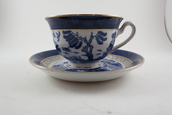 Vintage Ironstone Cup and Saucer: Cobalt Blue Pagoda, Occupied Japan