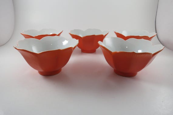 Set of Five MCM Orange & White Lotus Petal Bowls (4.5 Inch Diameter)