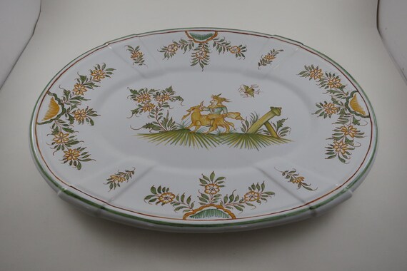 Vintage Unique Oval Serving Platter Yellow Green 15 3/4 Inches Man on Fox