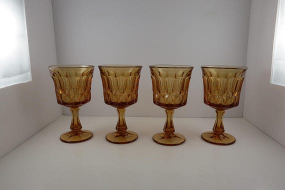 Set of Four MCM Noritake Perspective Amber Wine Water Tea Glasses Long Stem Diamond Pattern Excellent Condition