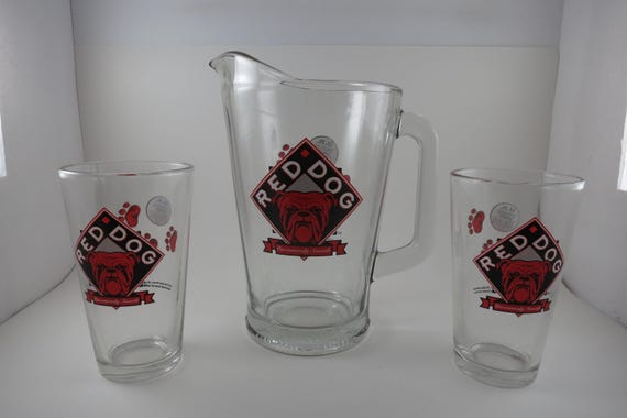 Vintage 1995 Red Dog Beer Pitcher and 3 Matching Glasses Drinking Set