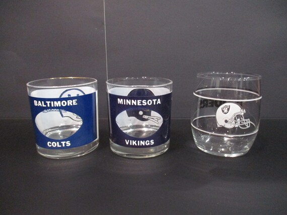 Set of Three Vintage NFL Glasses Raiders Baltimore Colts Vikings Excellent Original Condition