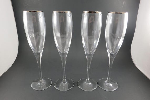 Set of 4 Mikasa Panache Clear Blown Glass Fluted Champagne Metallic Silver Rims