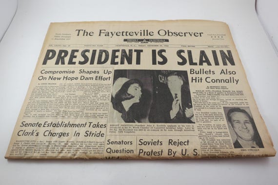 Friday November 22 1963 Fayetville Observer (NC) Newspaper President is Slain