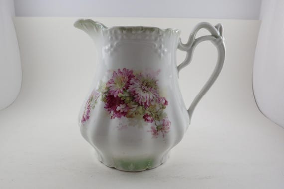 Vintage Large Porcelain Water Pitcher Hand Painted Purple and Green Floral Unbranded 7 Inches Tall Very Good Condition