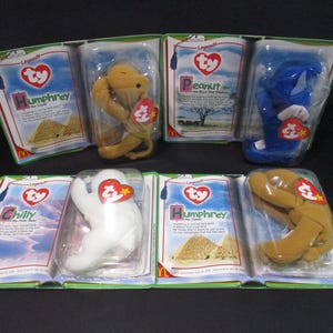 Vintage 2000 McDonalds TY Teenie Beanie Babies Legends Complete Set of 3 Humphrey Chilly Royal Blue Peanut New In Package w/Bonus