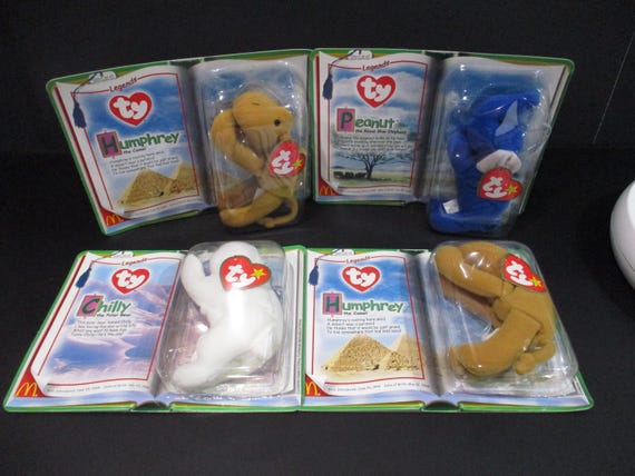 Vintage 2000 McDonalds TY Teenie Beanie Babies Legends Complete Set of 3 Humphrey Chilly Royal Blue Peanut New In Package w/Bonus