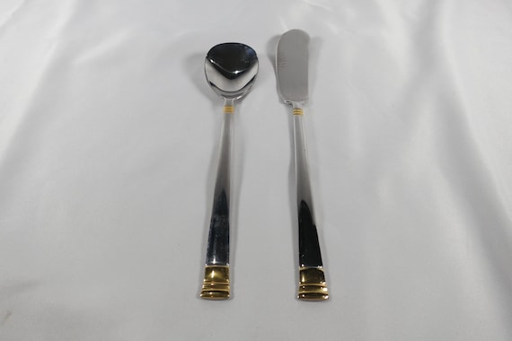 Oneida Golden Astragal Flatware 18/10 Stainless 24K Bands Butter Spreader Sugar Spoon