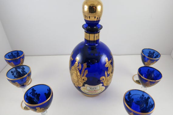 Stunning Cobalt Blue Venetian Hand Blown Glass Decanter Set 18K Gold Hand decorated Trim Bischoff Cordials Triple Sec Fabulous 8 Piece Set