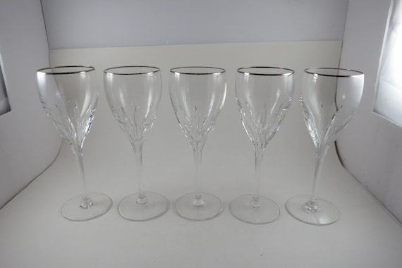 Lenox Firelight Platinum Crystal Wine Glasses Panel Cut 7 7/8 Inches Set of 5