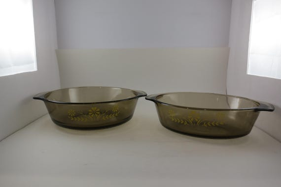 Vintage Glasbake Smoked Amber Jeanette Yellow Daisy 2 Piece Casserole Set Round and Oval Excellent Condition