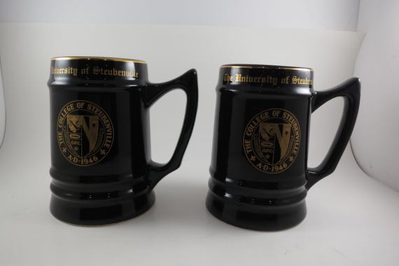 Pair of Vintage University of Steubenville Tankards Mugs Black & Gold