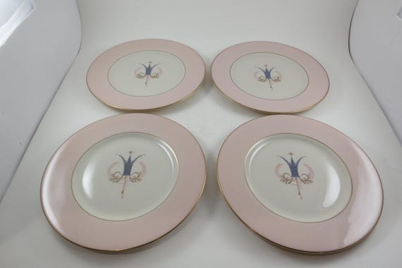 Set of 4 Vintage 1950's MCM Royal Splendor Fine Arts China Salad Plates 8 1/2 Inches Pink & Cream Gold Trim Feathers Crown Center Like New