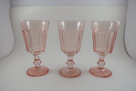 Three Fostoria Virginia Pattern Pink Water Goblets Vertical Paneling