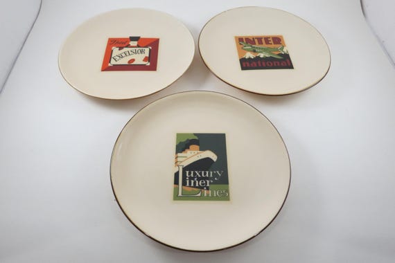 Set of Three Vintage Pottery Barn 2002 Travel Salad Size Collector Plates