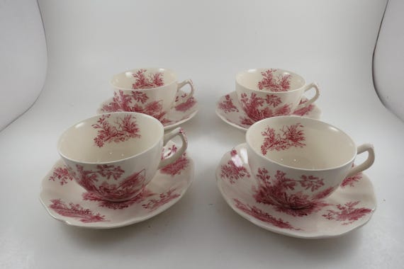 Set of 4 Johnson Brothers Pastorale Demitasse Cups and Saucers, Rare Pink Toile